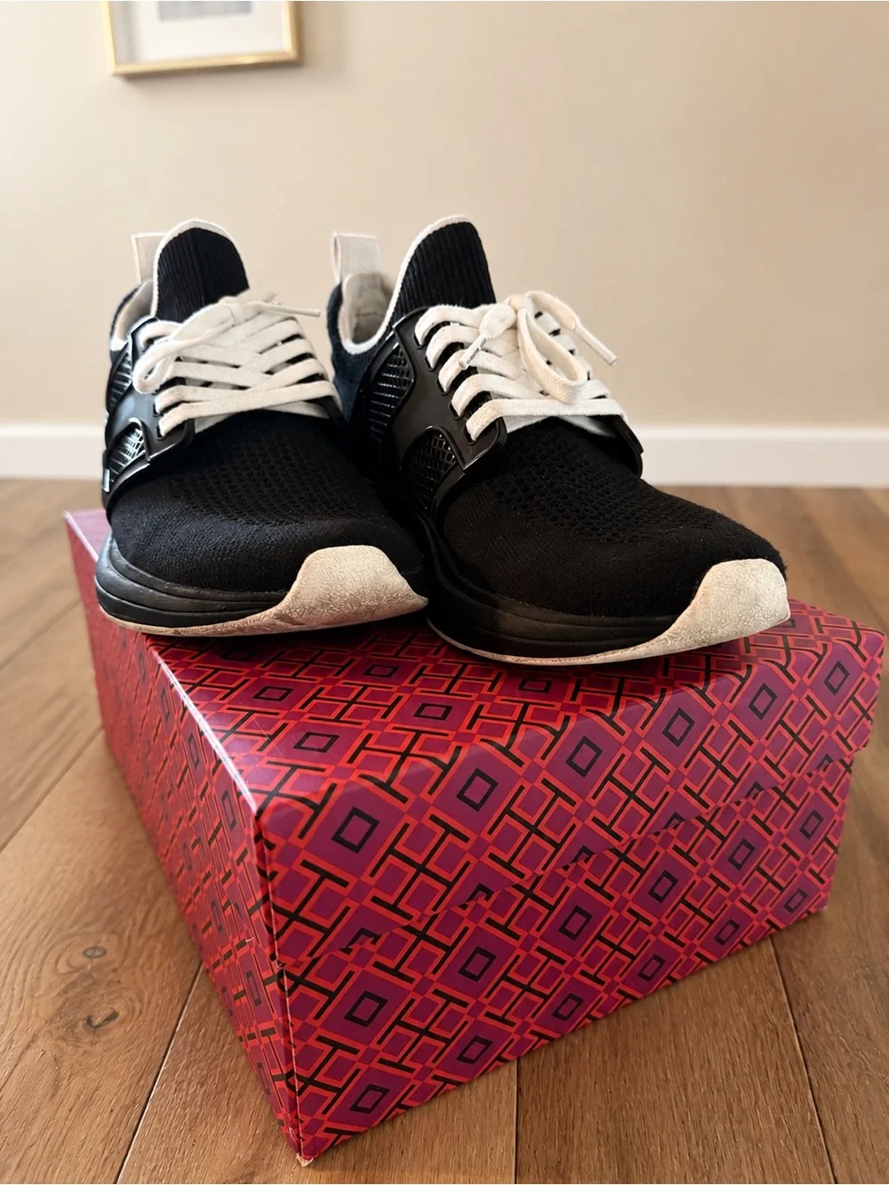 Tory Burch Black Knit Lace-Up Sneakers with White Accents